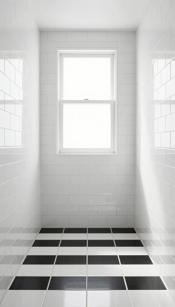 Shower with black-and-white checkerboard floor tiles and white subway tile walls