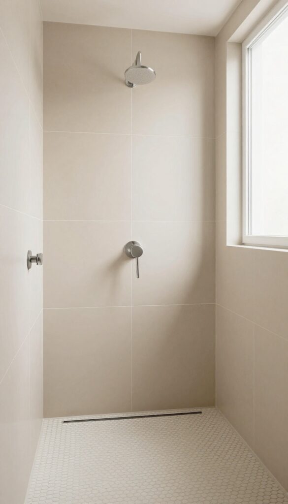 Neutral tone-on-tone shower design with large matte wall tiles and small hexagon floor tiles in warm beige