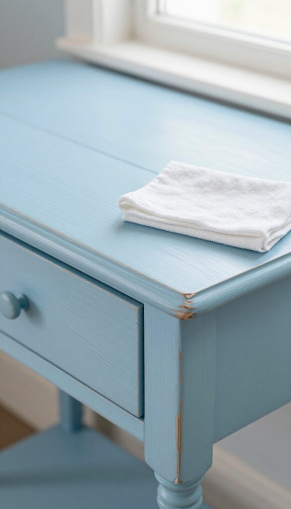 Gently cleaning a painted wood table with a soft damp cloth, preserving the paint finish