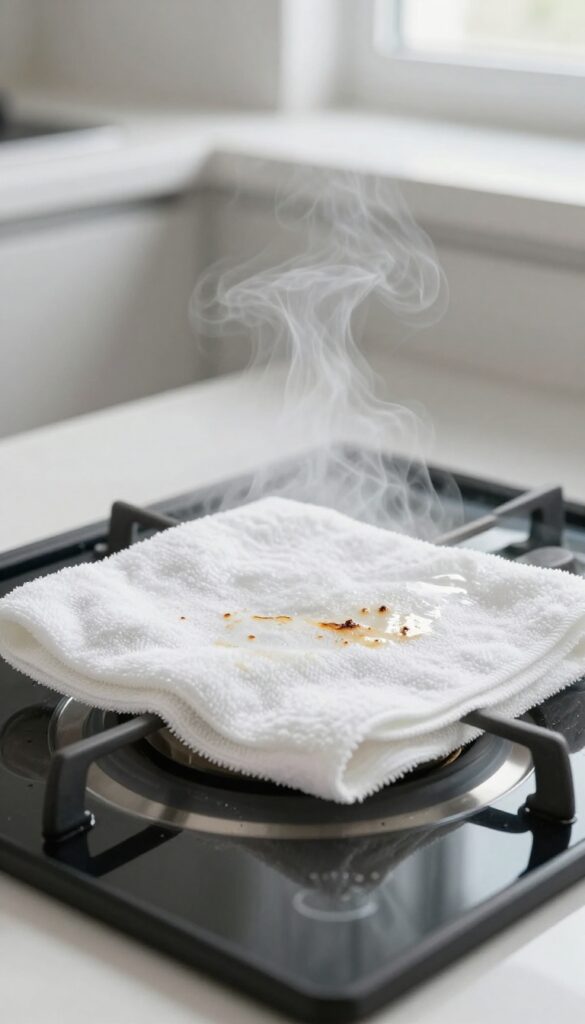 Damp towel on glass cooktop to steam clean burnt food