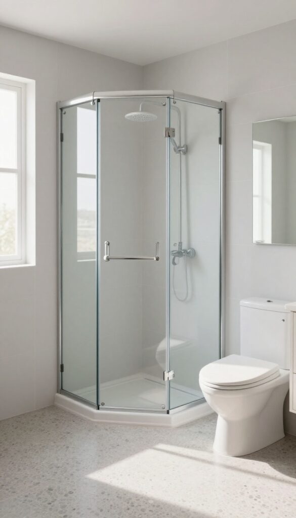 Small bathroom with corner shower and frameless sliding door, bright natural light