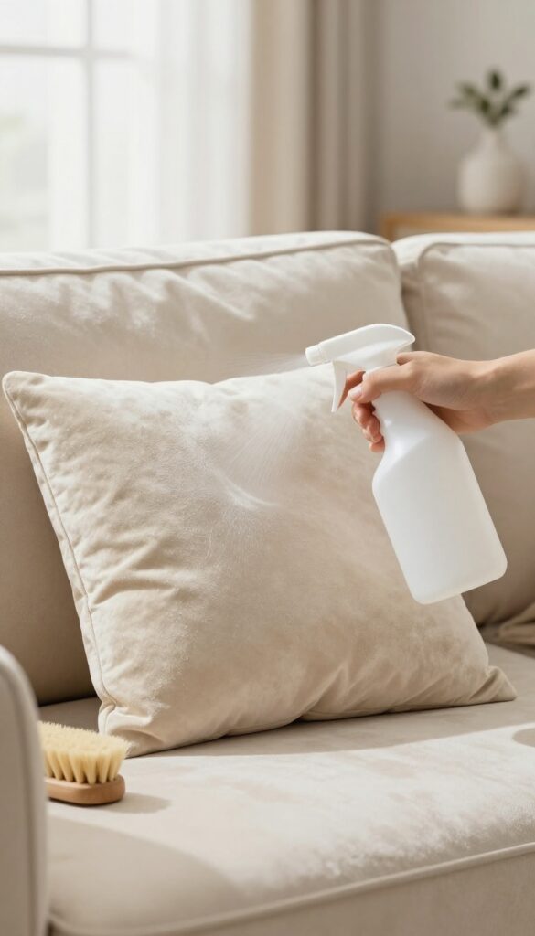 Close-up of a beige velvet couch cushion being sprayed with a no-rinse upholstery cleaner, soft brush nearby, bright natural light.