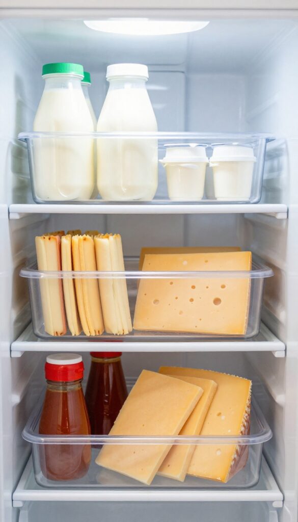 Clear plastic bins organizing dairy, deli meats, and condiments on a refrigerator shelf