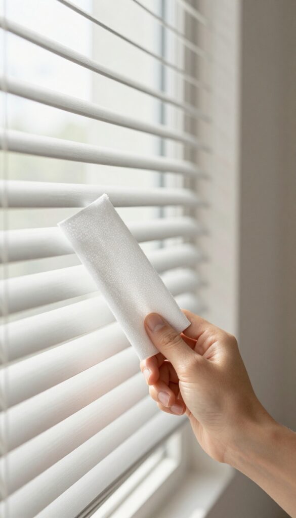 Hand dusting a blind slat with a dryer sheet, bright natural light, clean home cleaning scene