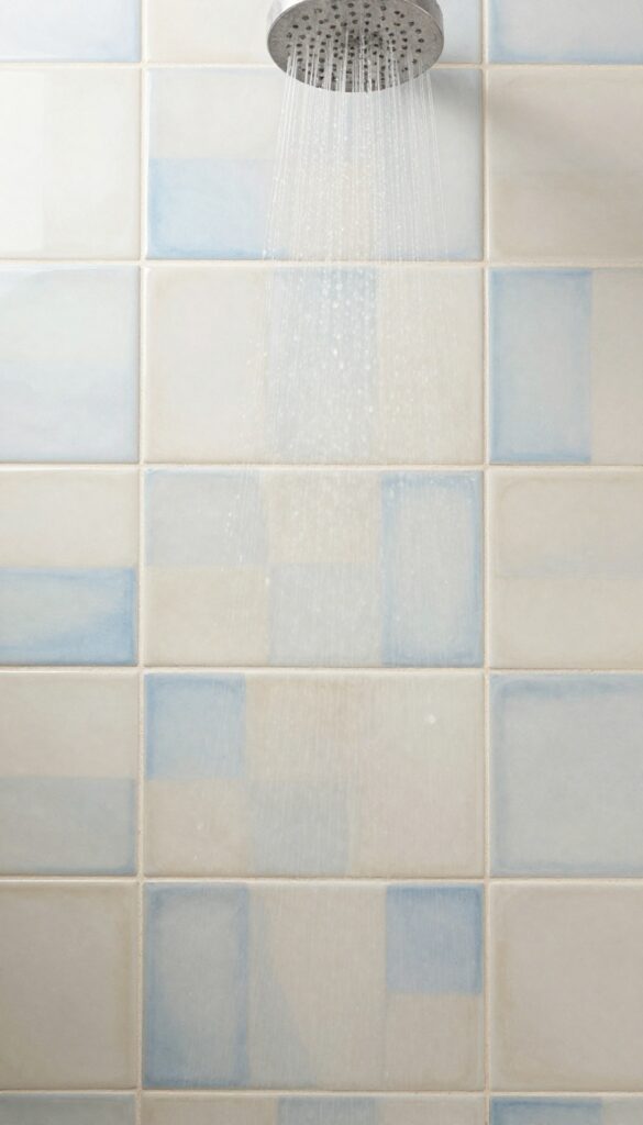 Zellige tile shower wall with handmade glossy tiles in cream and blue, natural light highlighting texture and shine