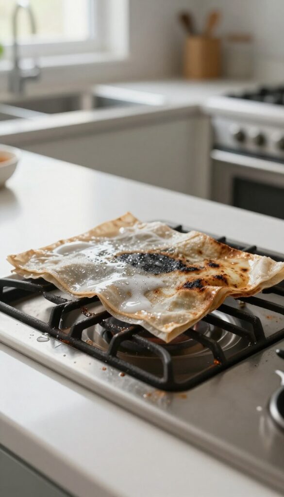 Stove grate with burnt-on food and a wet dryer sheet on a kitchen counter