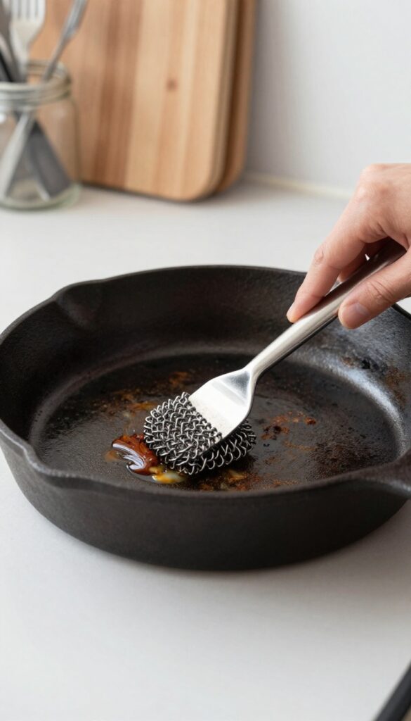 Person using a chainmail scrubber on a cast iron skillet to remove tough residue
