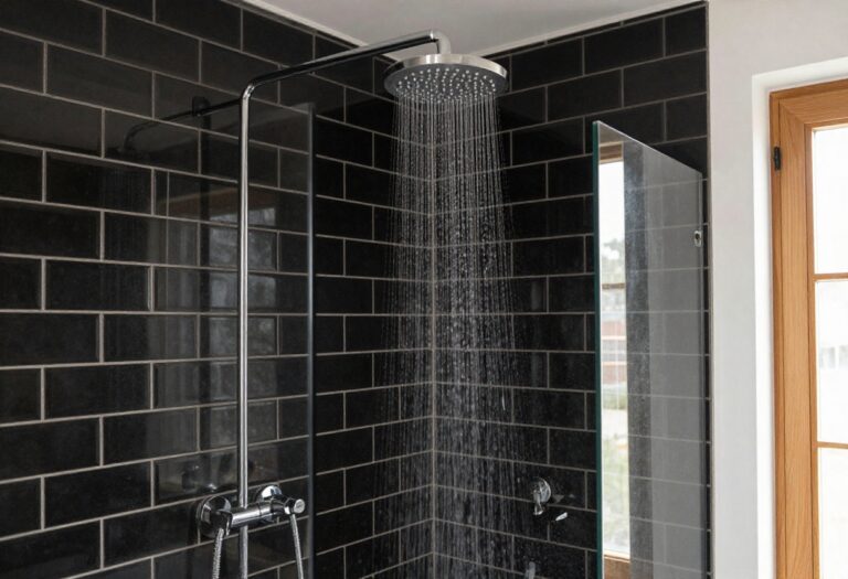 Modern black tile shower with rainfall showerhead and wood accents