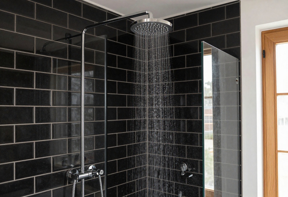 Modern black tile shower with rainfall showerhead and wood accents