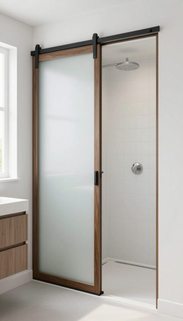 Small bathroom with sliding barn door and shower