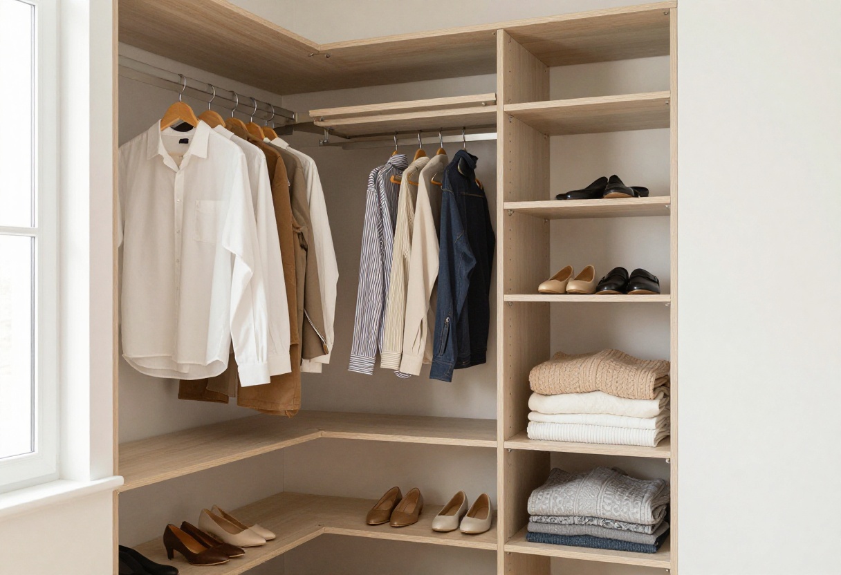 A neatly organized closet with clothes sorted by color on hangers and shoes on shelves.
