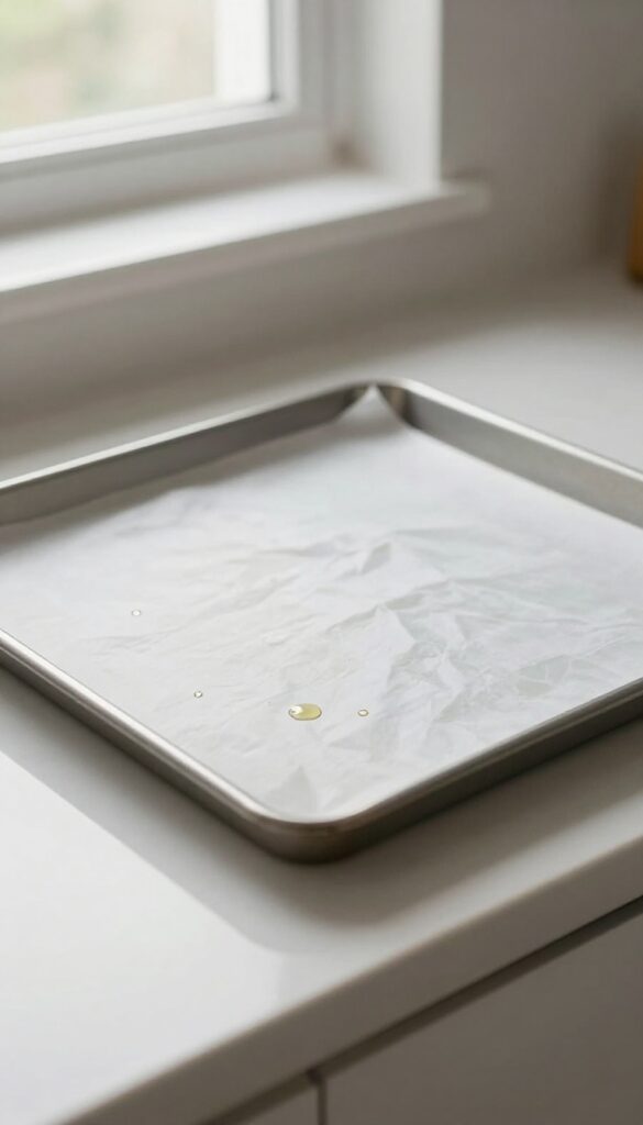 Baking sheet with parchment paper and silicone mat, clean pan underneath, kitchen counter, natural light