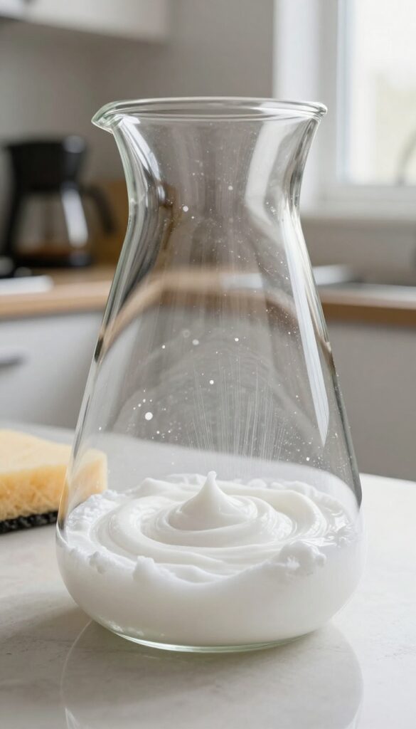 Cleaning a glass coffee carafe with baking soda paste and a sponge