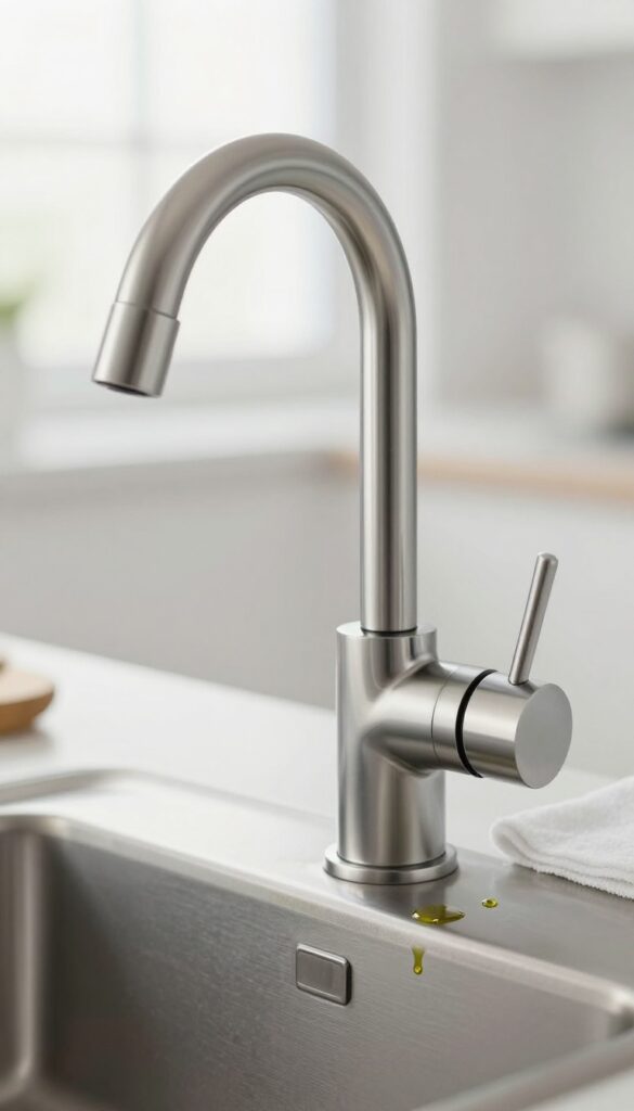Close-up of a stainless steel faucet being buffed with olive oil on a microfiber cloth, with bright natural light and reflections.