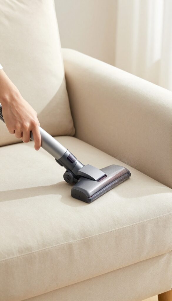 Hand vacuuming upholstered chair with soft brush attachment in bright room
