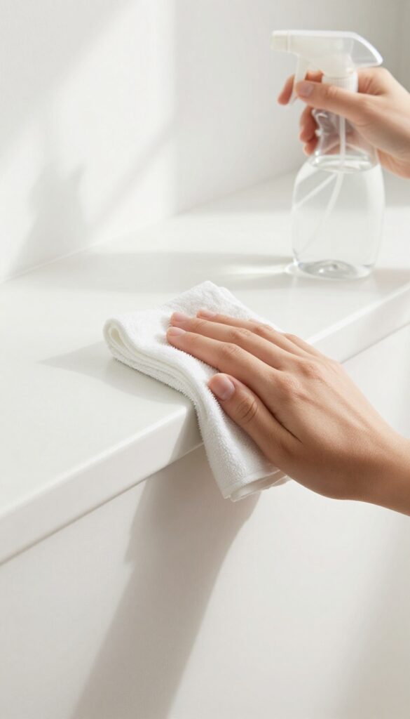 Person wiping a clean white baseboard with a microfiber cloth, with a spray bottle of vinegar solution nearby.