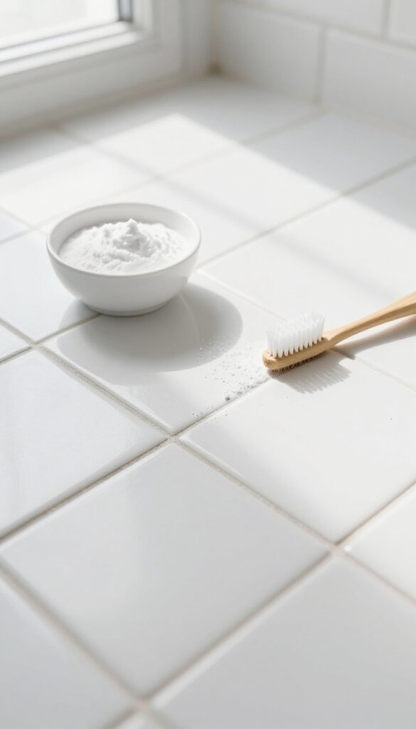 Close-up of bathroom tile grout being cleaned with baking soda paste and toothbrush