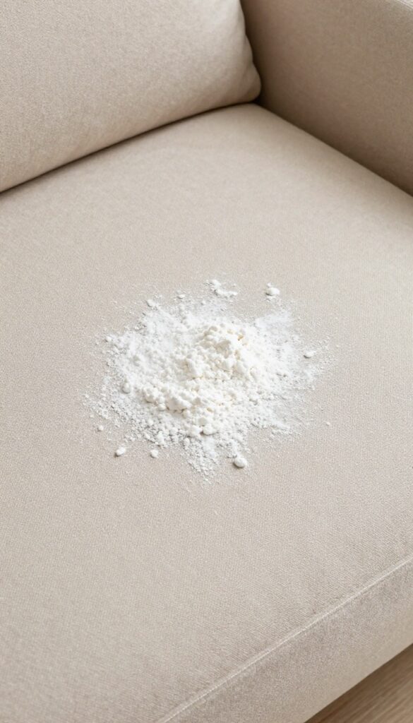 Cornstarch sprinkled on a grease stain on a beige upholstered couch cushion