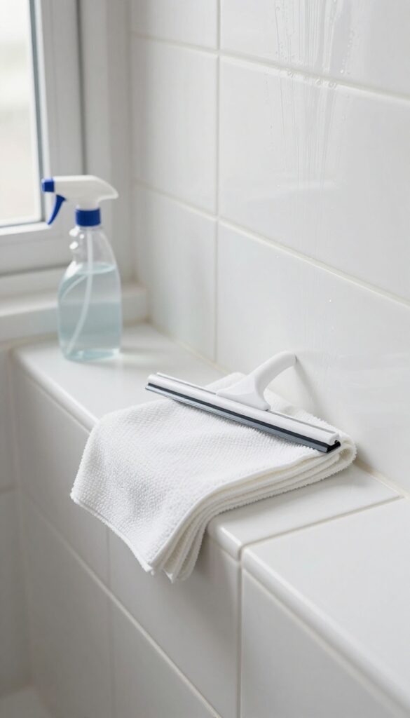 A squeegee and microfiber cloth on a shelf near a clean bathroom wall