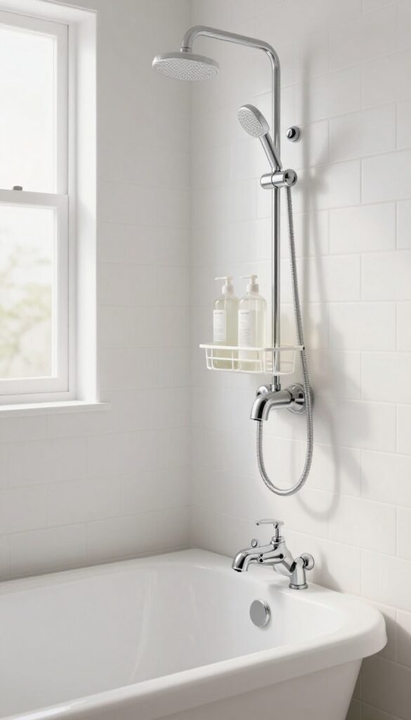 Tap-mounted shower caddy over a bathtub faucet, keeping bottles organized and off the tub floor.