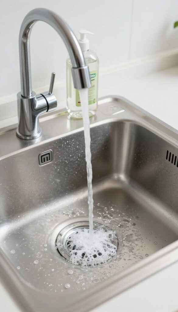 Dish soap and hot water being poured into a kitchen sink drain to degrease and clean.