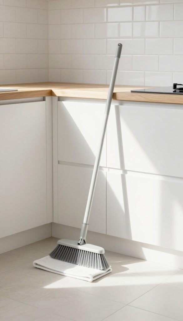 A clean tile floor with a broom and microfiber mop, bright natural light, pristine grout lines