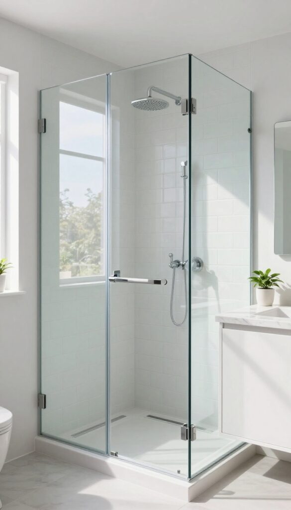 Modern bathroom with frameless glass shower door, subway tile, and natural light
