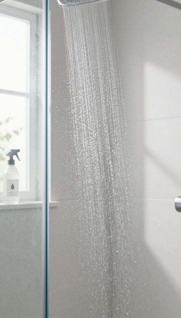 A clean glass shower door with water sheeting off after rinse aid treatment, spray bottle on shelf.