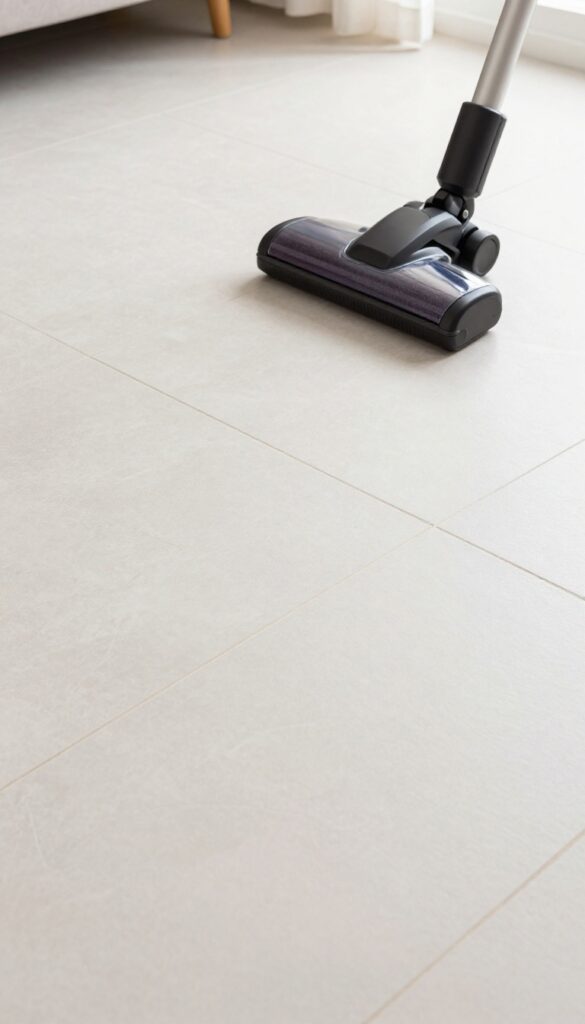 Close-up of a clean tile floor with a vacuum cleaner and brush attachment, highlighting the importance of vacuuming grout before cleaning.