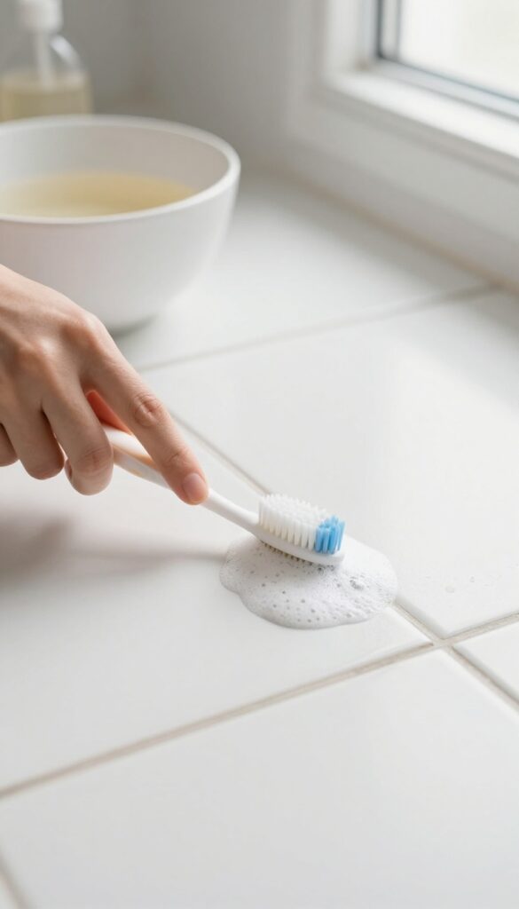 Hand scrubbing bathroom grout with a toothbrush and dish soap, clean tile floor, bright natural light