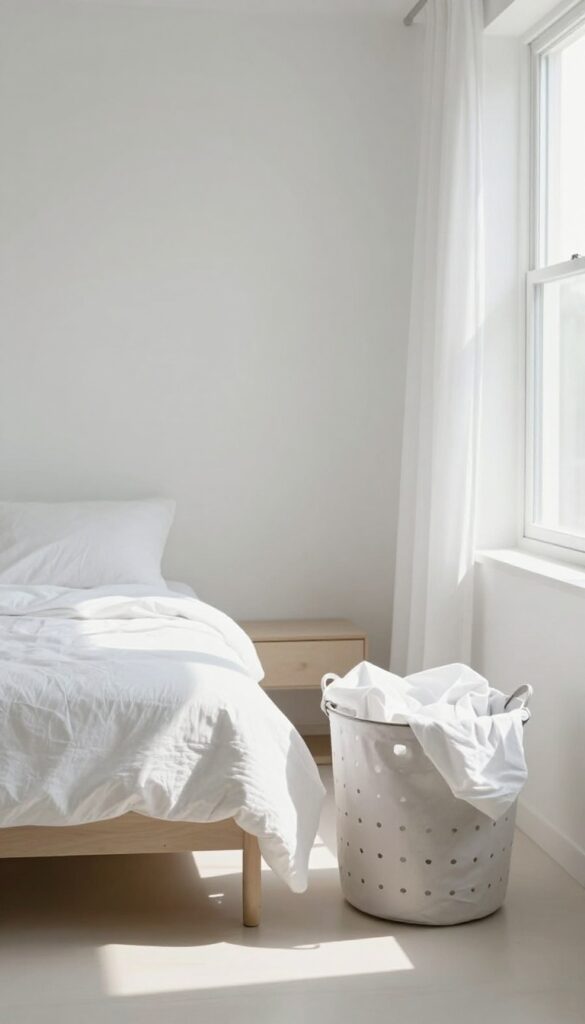Bare mattress in a bright bedroom with laundry basket of linens nearby