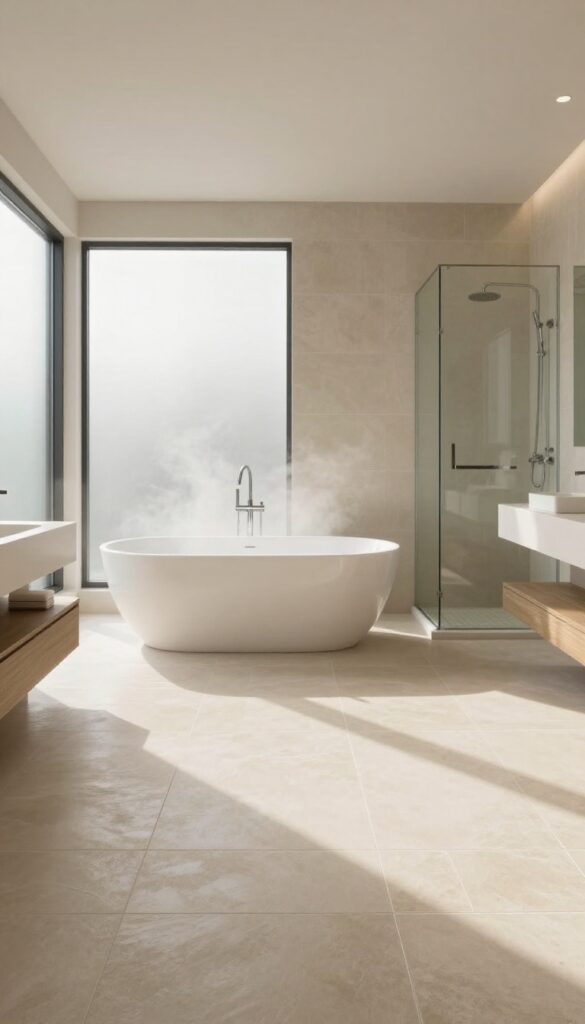 Heated flooring in a master bathroom with warm tiles and natural light