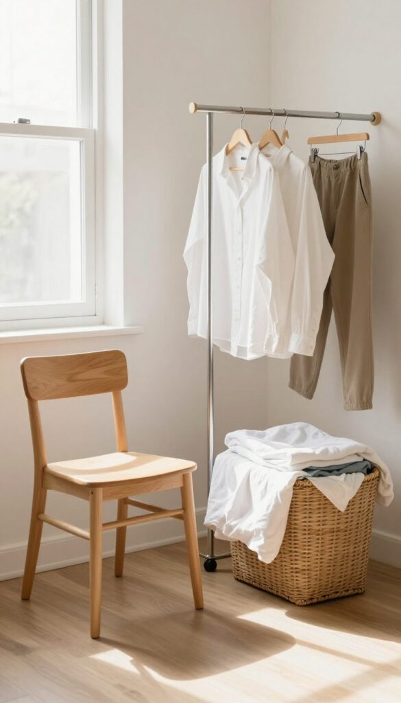 Tidy bedroom with clothes put away, hamper and rack, no clutter