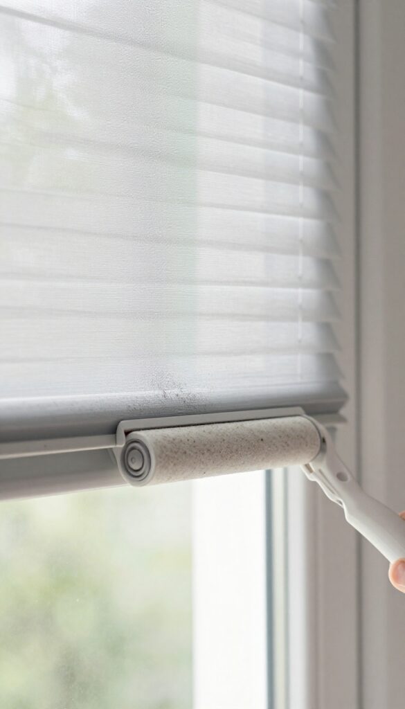 Lint roller cleaning dust and pet hair from a horizontal window blind in bright natural light