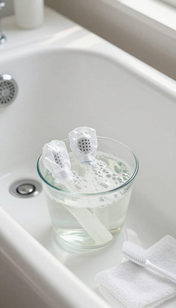 Jet covers soaking in vinegar solution with a toothbrush nearby on a towel