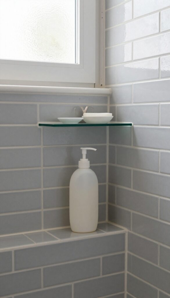 Tall shower niche with glass shelf divider holding shampoo and soap, natural light, modern bathroom