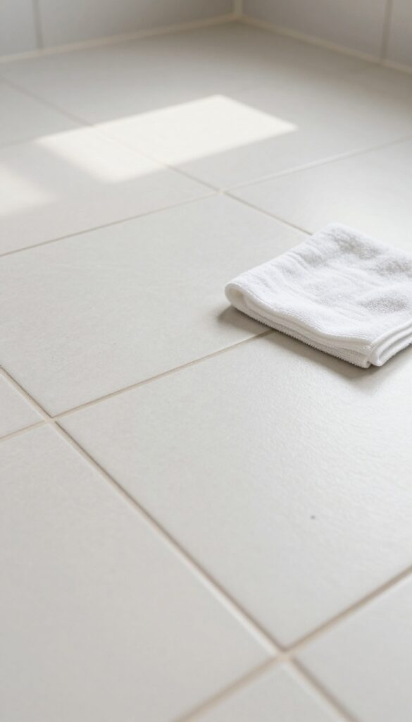Close-up of dry, clean floor tile grout with a microfiber cloth nearby in bright natural light