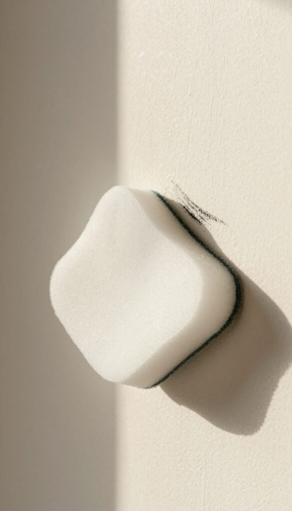 Close-up of a magic eraser sponge cleaning a scuff mark on a painted wall