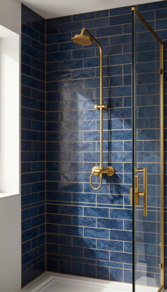 Matte navy tiles with gold grout in a modern shower, gold fixtures, natural light