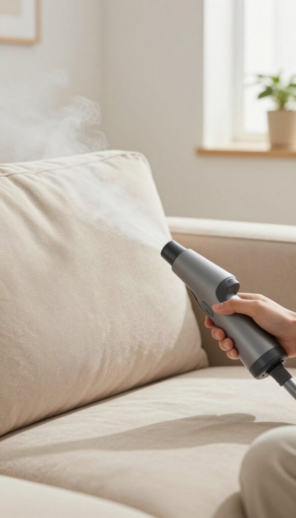 Person steam cleaning a beige fabric couch with a handheld steamer in a bright, airy living room