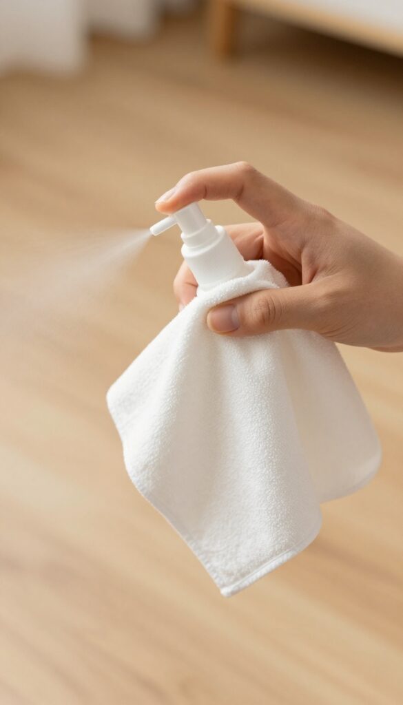 Person spraying cleaning solution onto a microfiber cloth for safe hardwood floor spot cleaning