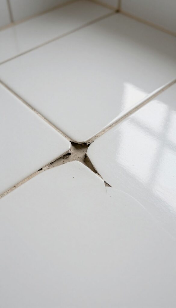 Close-up of damaged bathroom tile grout with cracks, stains, and missing sections, natural light.