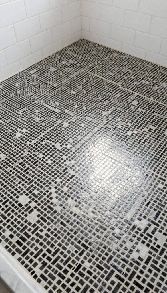 Black and white basketweave mosaic marble tile shower floor with natural light