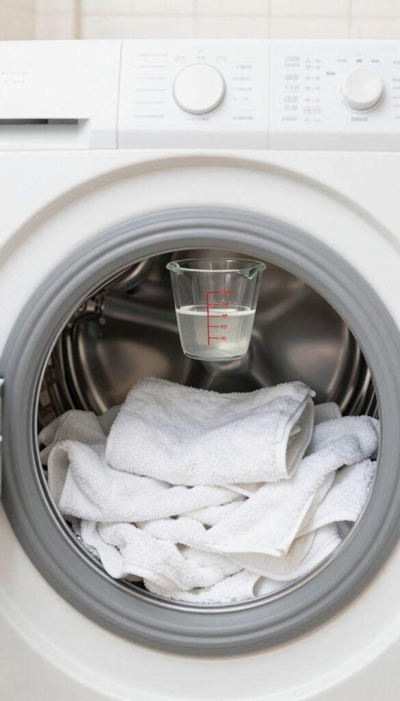 White vinegar being added to a washing machine for fresh, soft towels