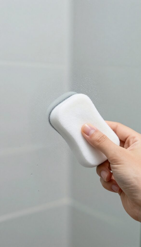Hand using a magic eraser to clean a stubborn spot on shower glass