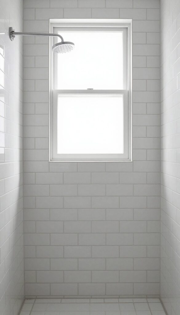 Modern bathroom shower with long white subway tiles in vertical stack bond pattern