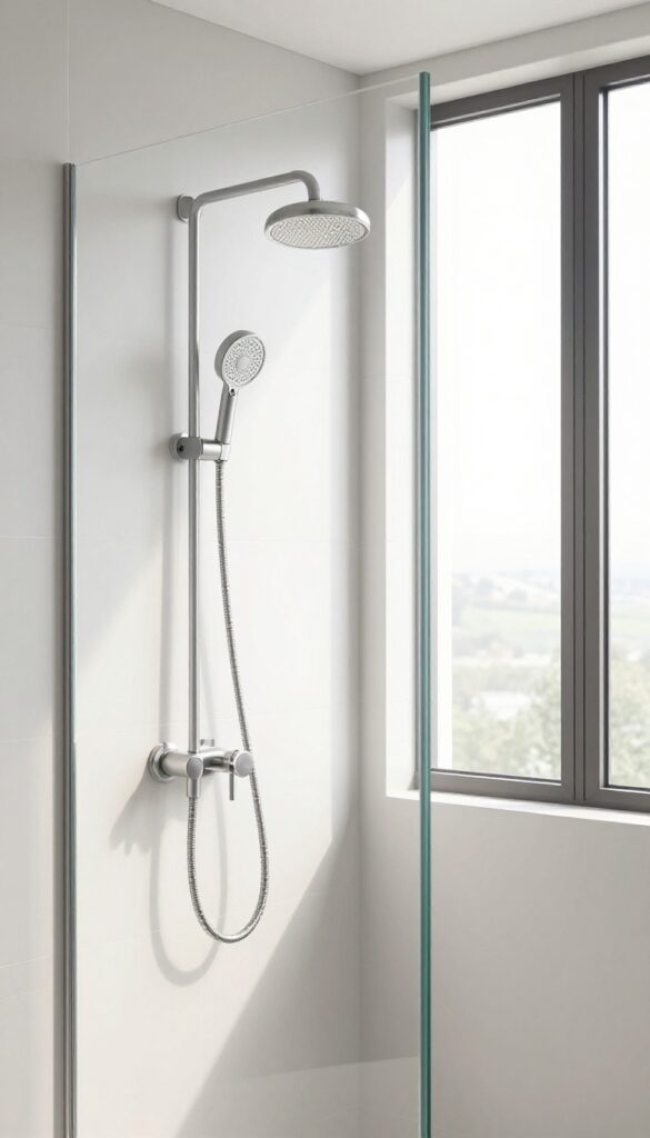 Modern bathroom with a handheld shower wand on a magnetic dock, sleek and clean design.