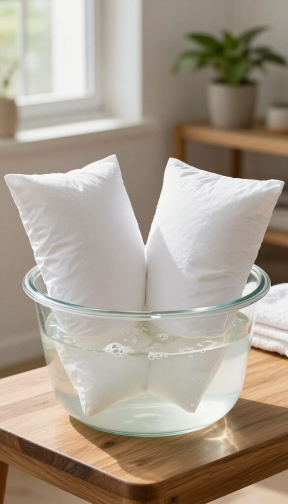White pillows soaking in a white vinegar solution in a glass basin, bathed in natural sunlight.