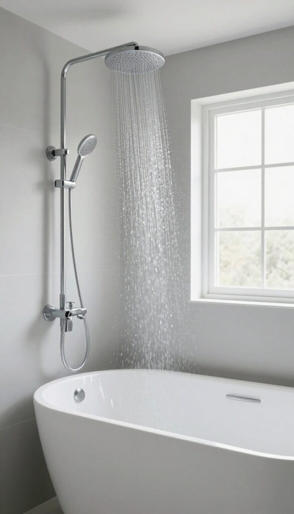 Ceiling-mounted rain shower head over a clawfoot tub in a bright bathroom