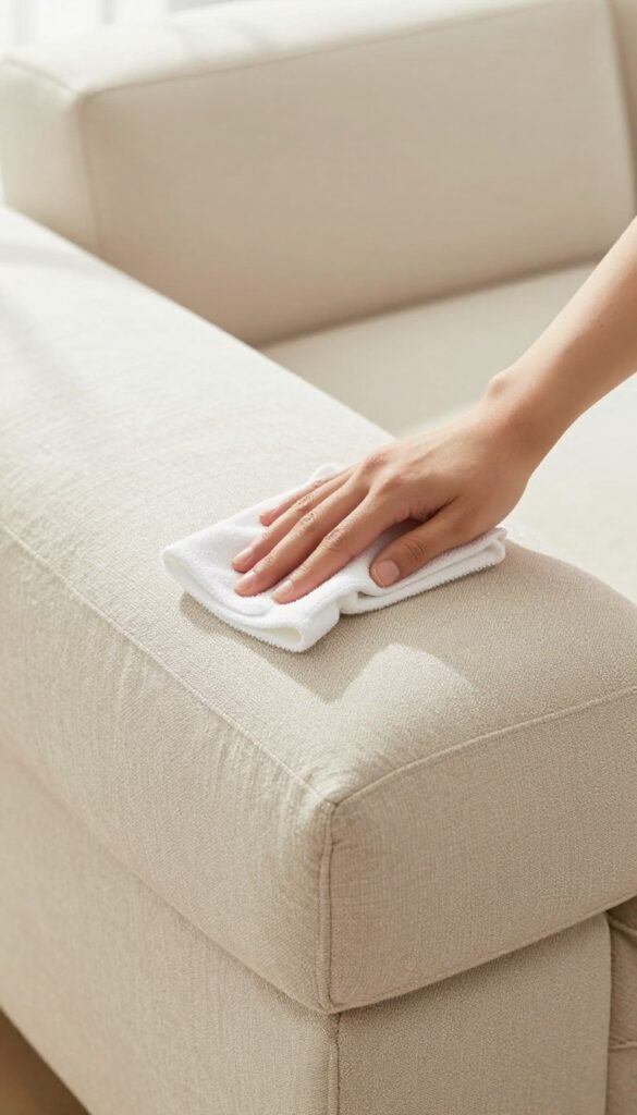 Professional cleaner testing cleaning solution on a linen sofa fabric